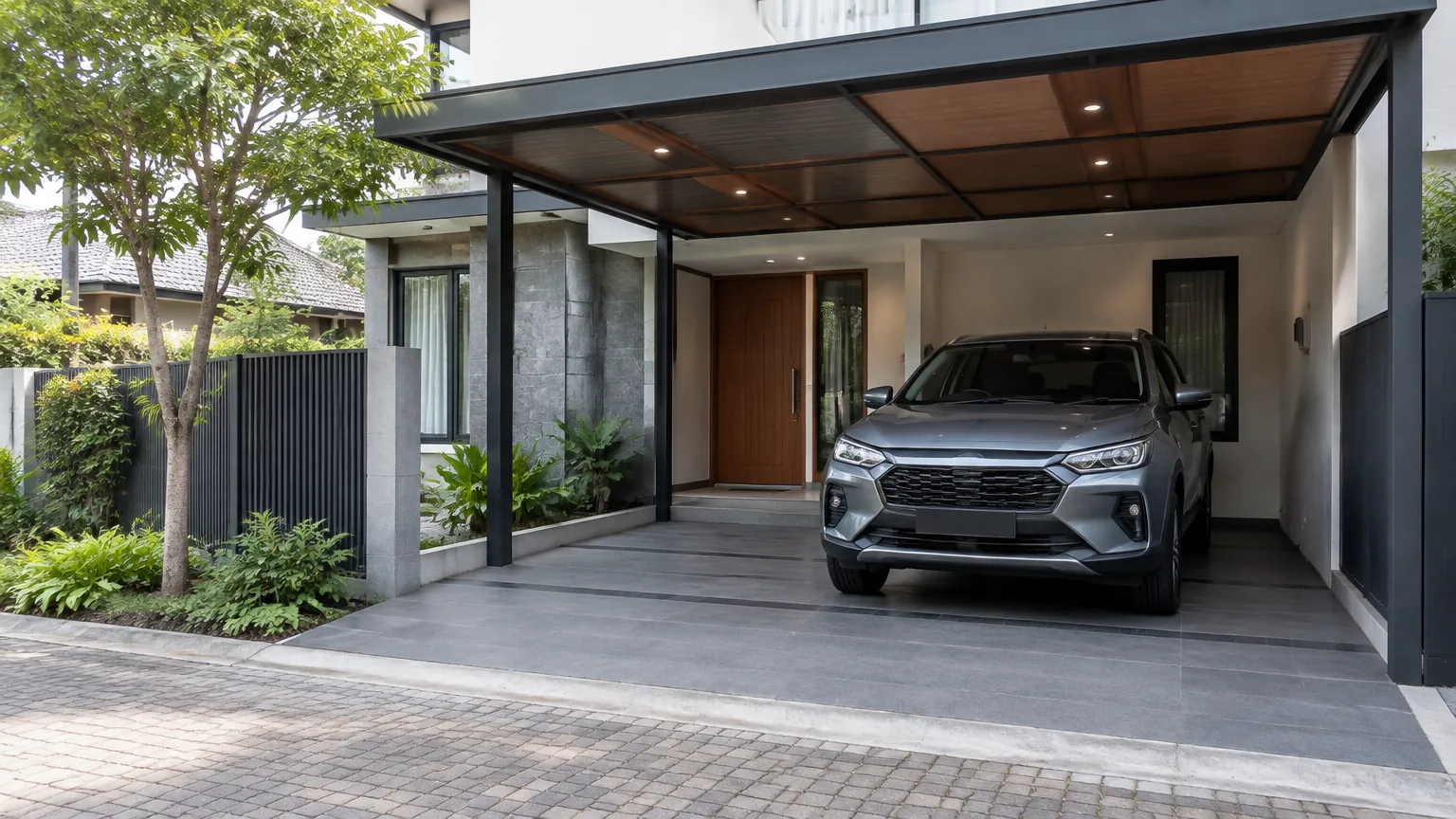 Mobil terparkir di bawah atap carport rumah