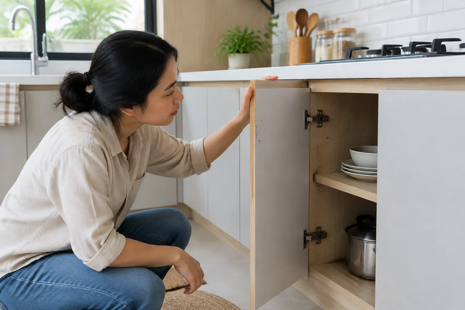 Seseorang memeriksa engsel lemari dapur yang terbuka