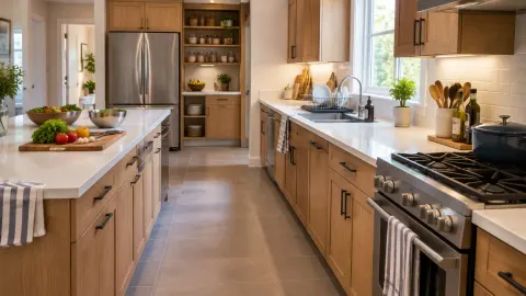 Dapur dengan meja persiapan terpisah, area cuci, dan jalur di antara kabinet.
