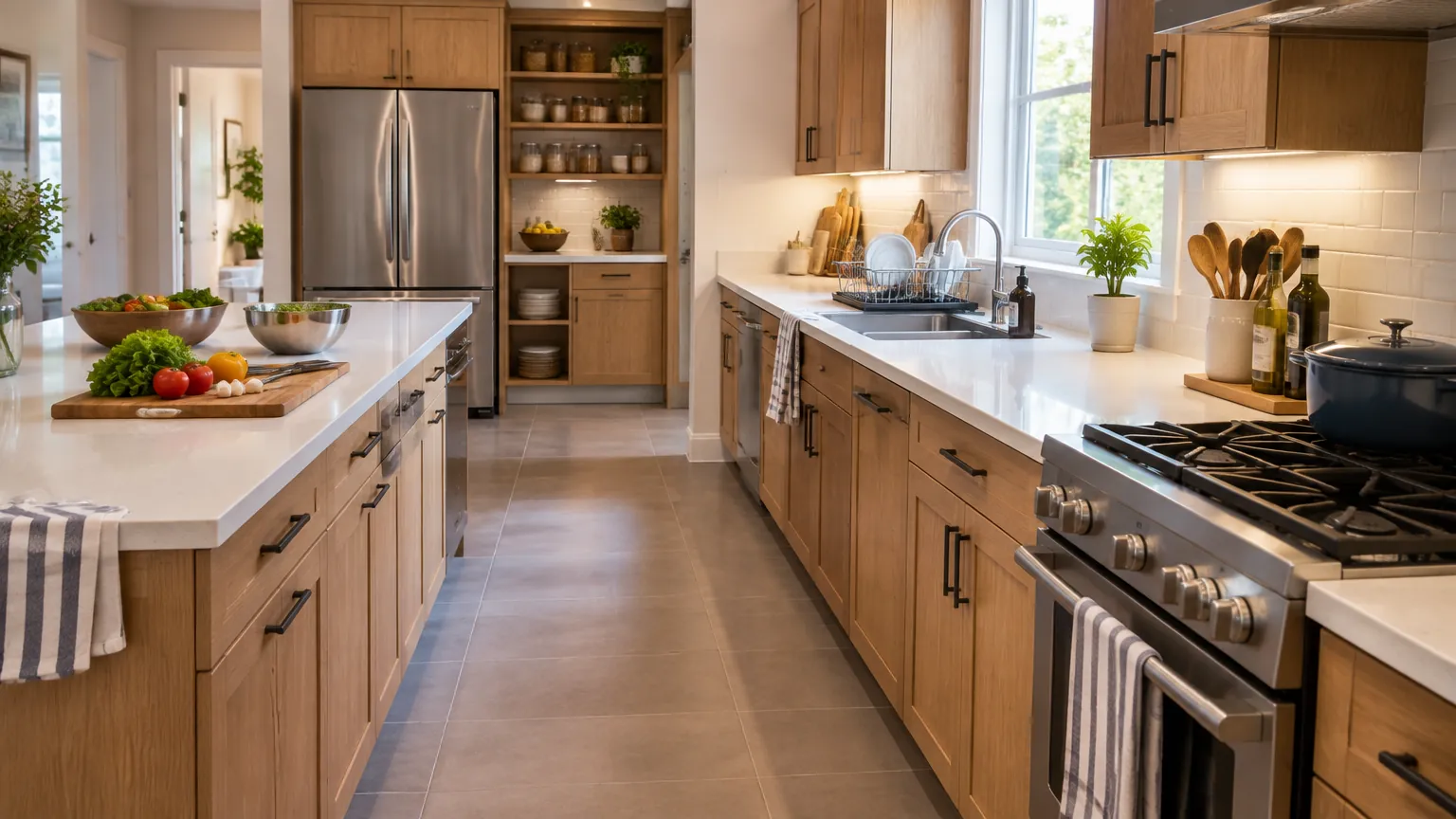 Dapur dengan meja persiapan terpisah, area cuci, dan jalur di antara kabinet.