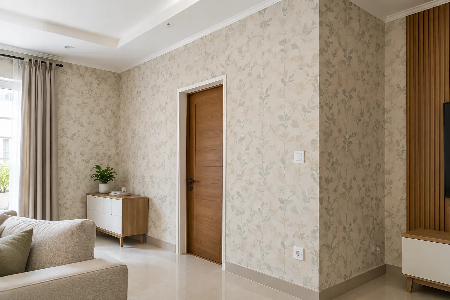 Wallpaper bermotif menutup dinding hingga sudut dan tepi pintu