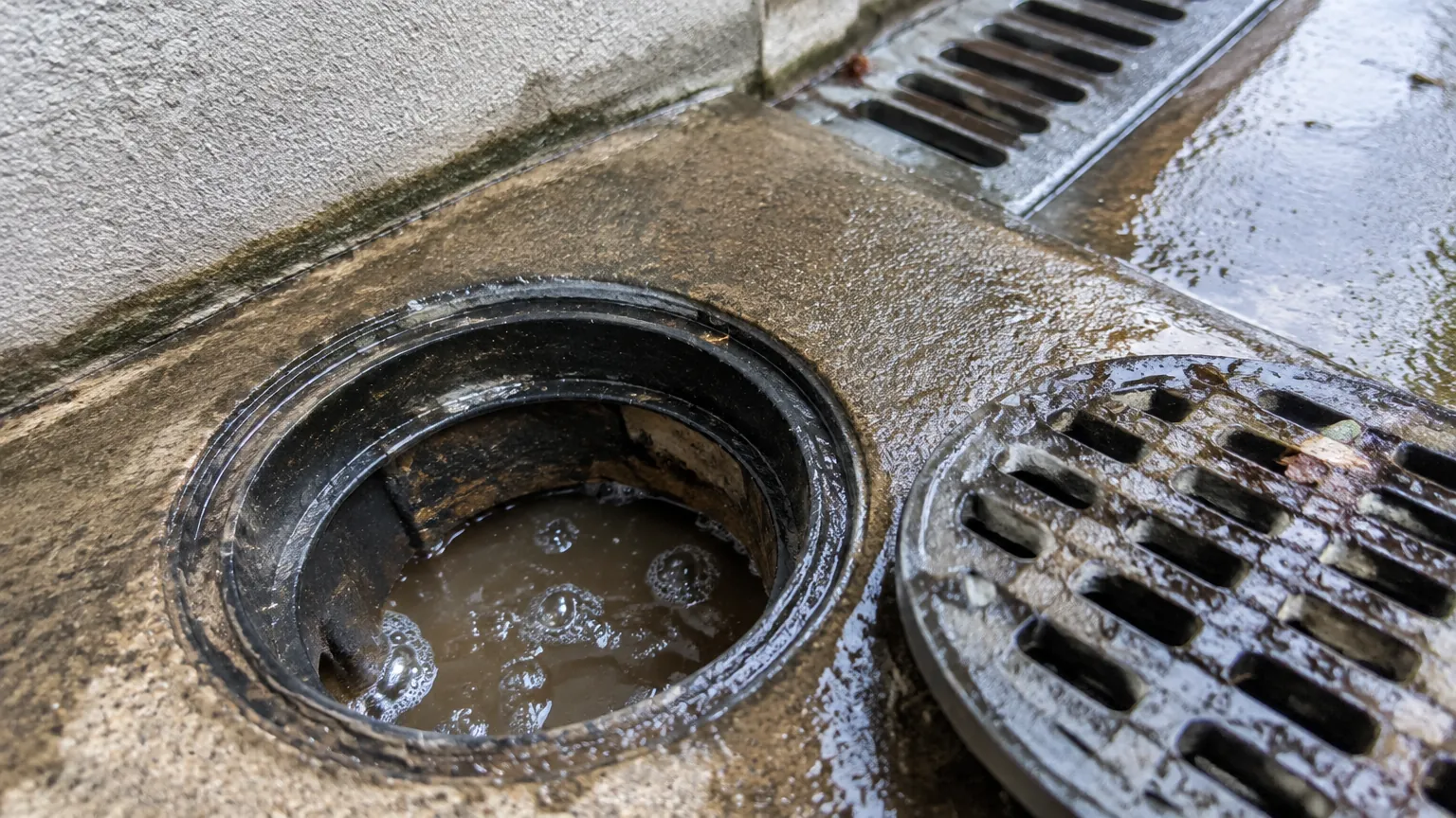 Bak kontrol drainase dengan air keruh dekat kisi lantai