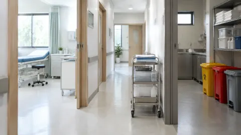 Koridor klinik dengan troli dan ruang pemeriksaan
