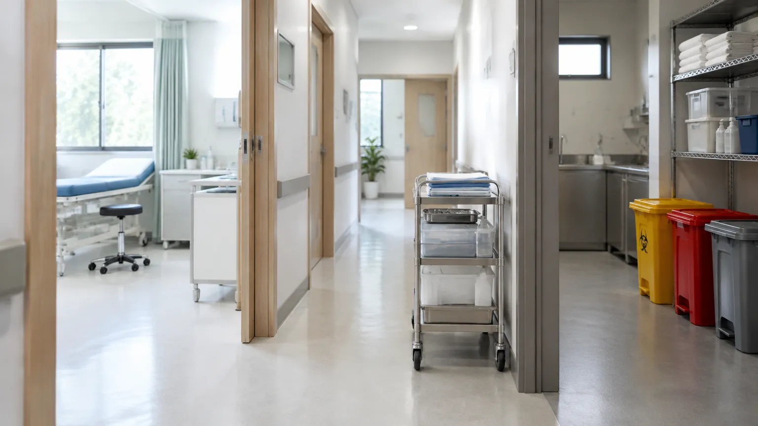 Koridor klinik dengan troli dan ruang pemeriksaan