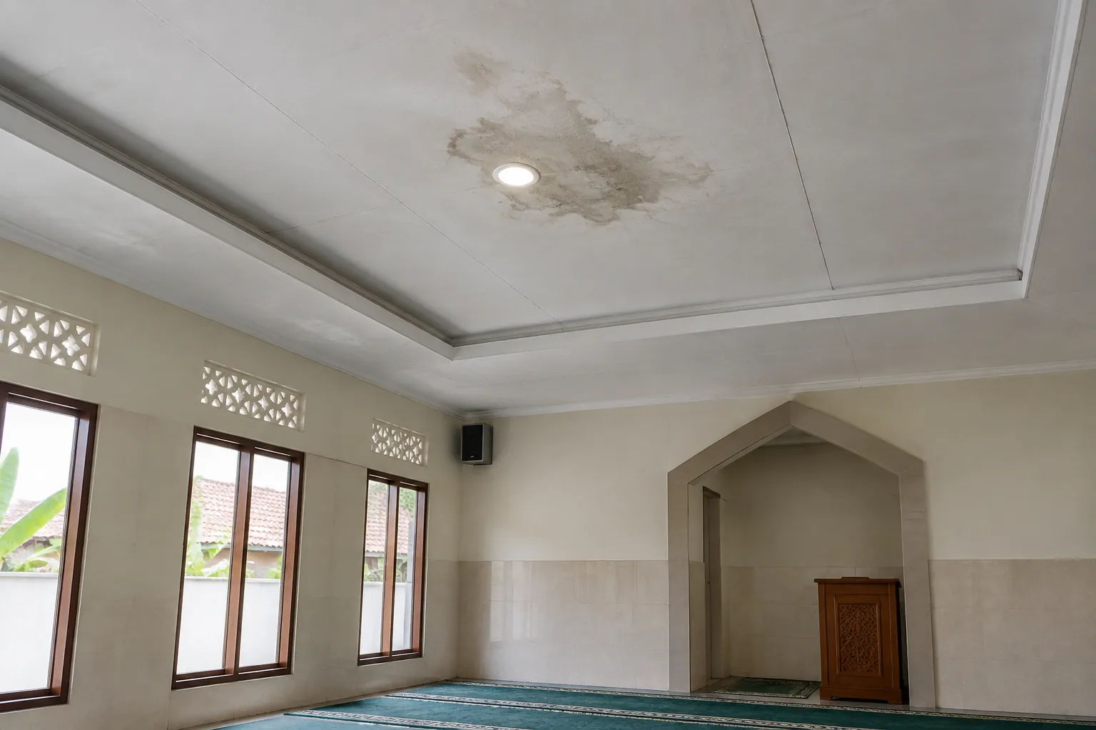 Plafon musala dengan noda di dekat lampu
