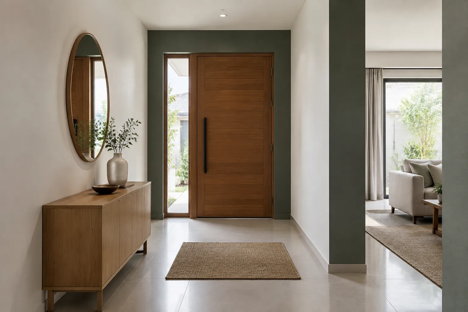 Foyer dengan pintu kayu dan dinding putih