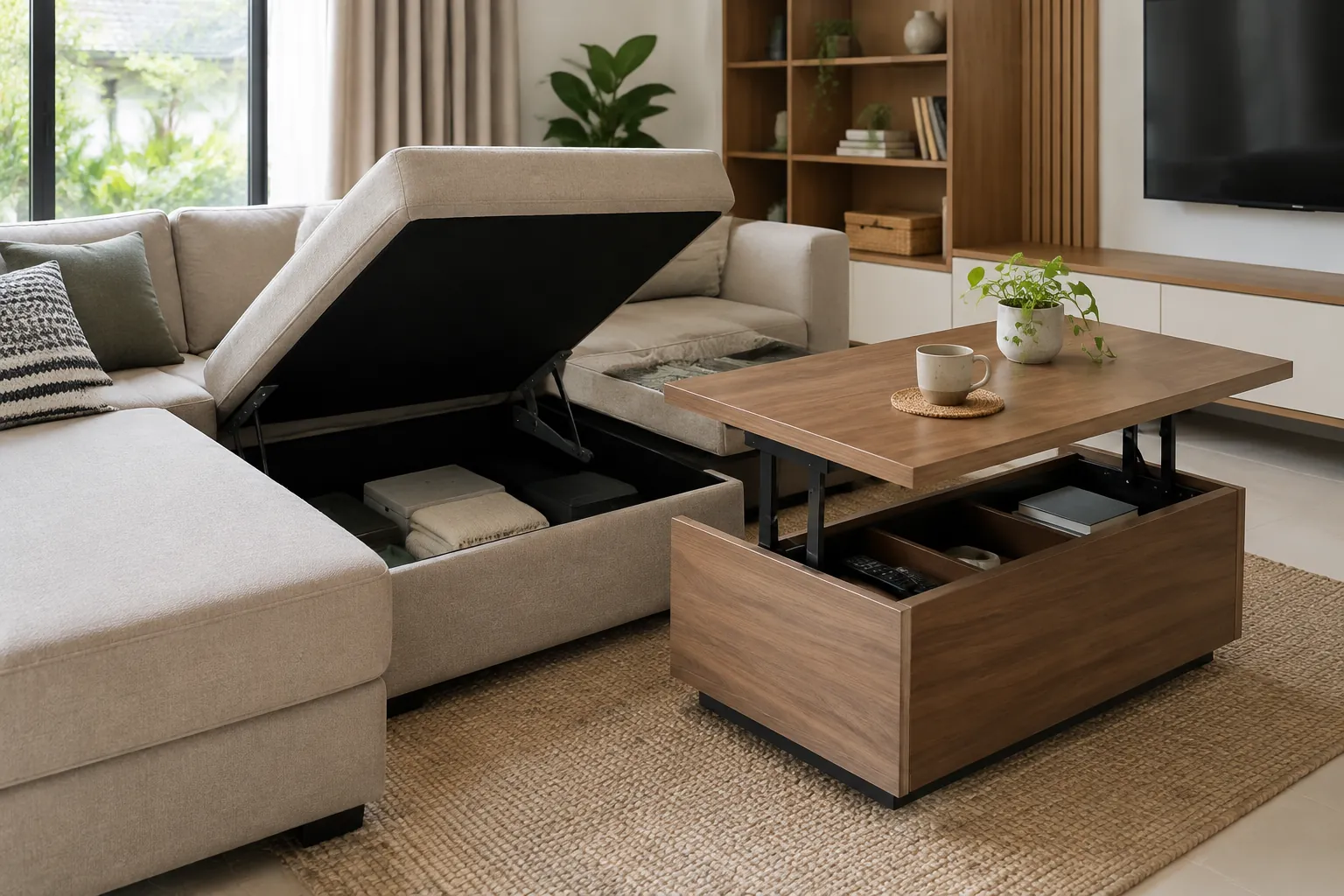 Sofa dan meja dengan ruang penyimpanan terbuka