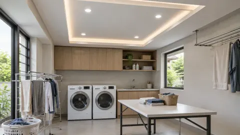 Ruang cuci dengan mesin cuci, rak, lampu plafon, dan gantungan