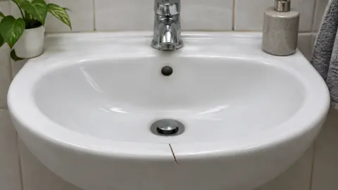 Wastafel keramik putih dengan retak terlihat pada bibir mangkuk