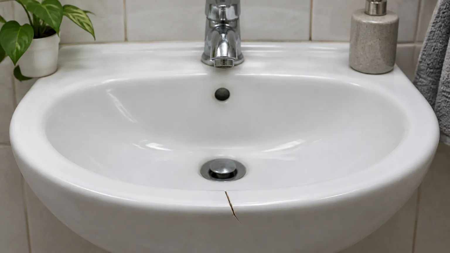 Wastafel keramik putih dengan retak terlihat pada bibir mangkuk