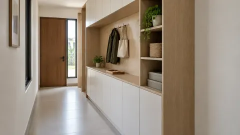Kabinet dan rak kayu memanjang di lorong dekat pintu