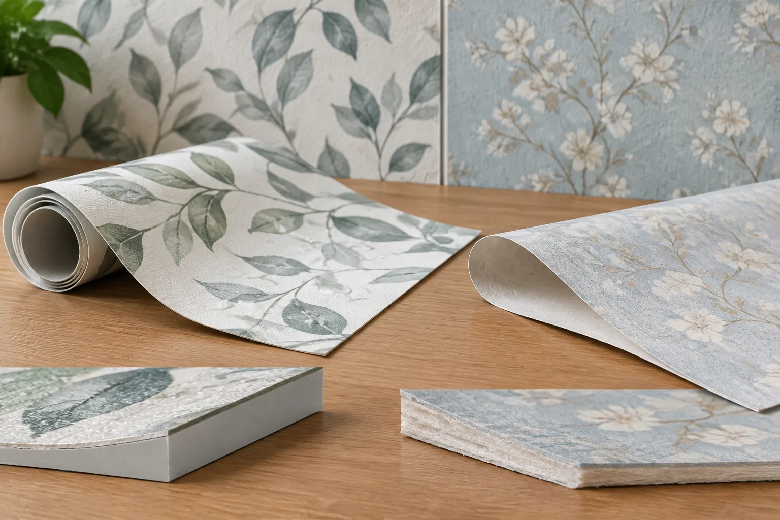 Sampel wallpaper bermotif daun dengan lapisan belakang terlihat
