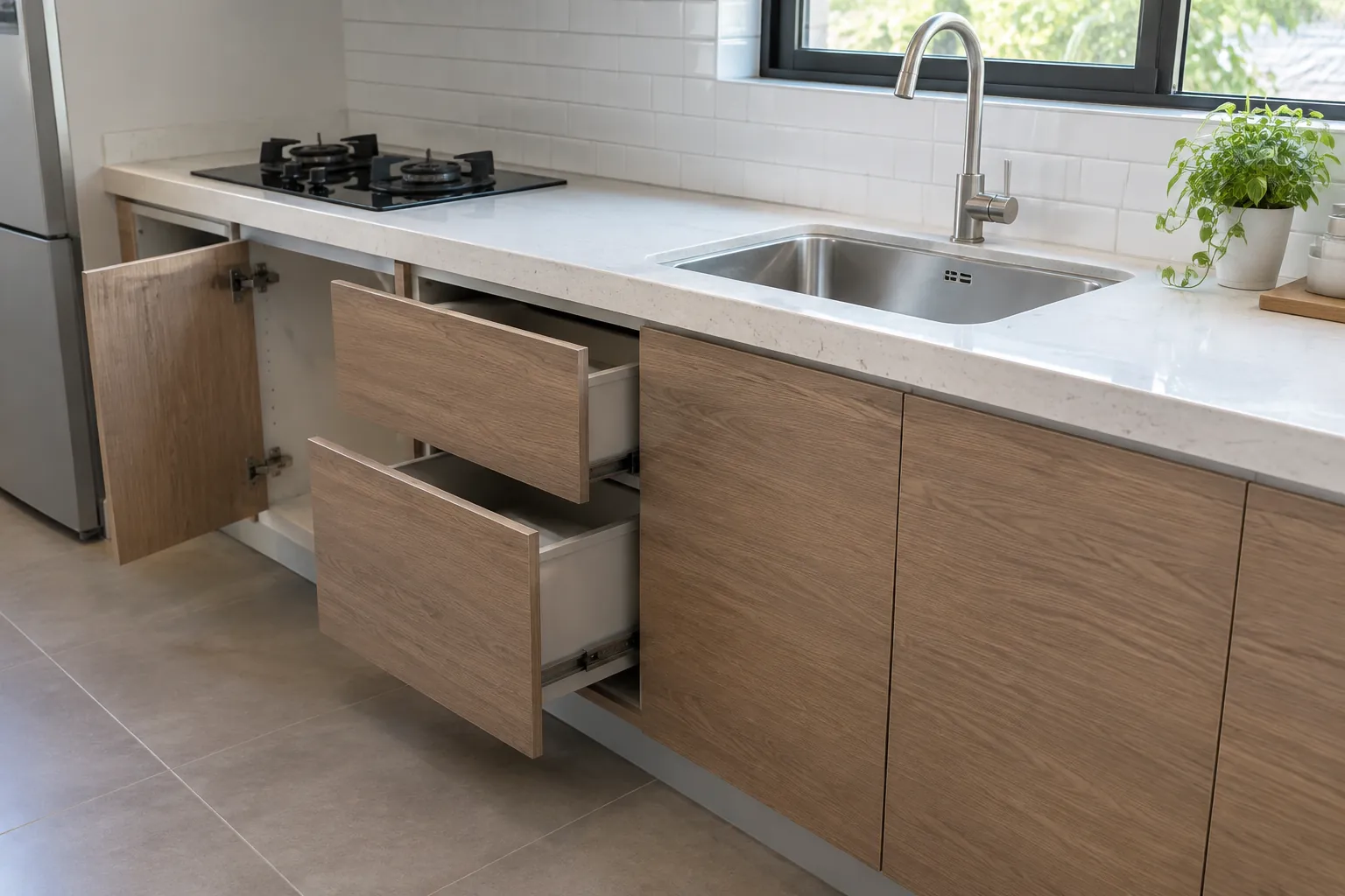 Kabinet dapur dengan beberapa laci dan pintu terbuka