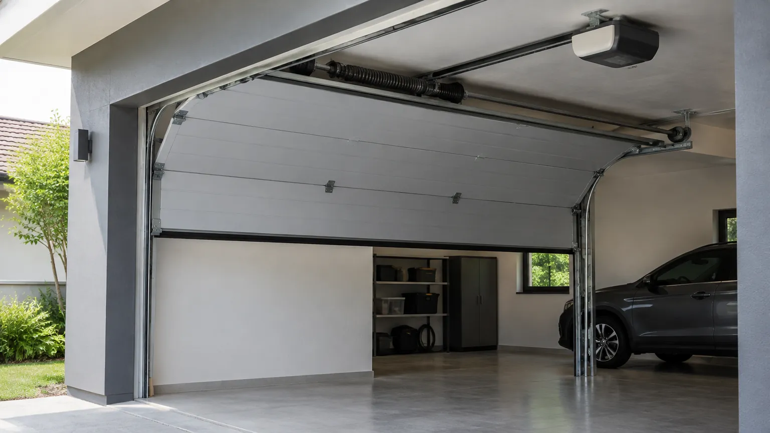 Pintu garasi berpanel sedang terbuka di depan mobil