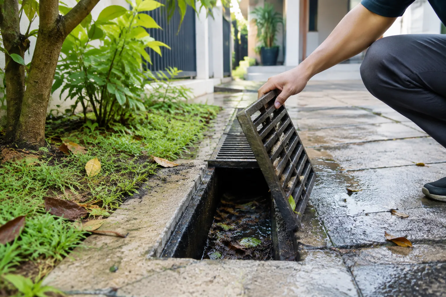 Penutup bak drainase diangkat untuk memeriksa isi saluran