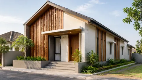 Rumah dengan ornamen kayu pada depan dan samping fasad