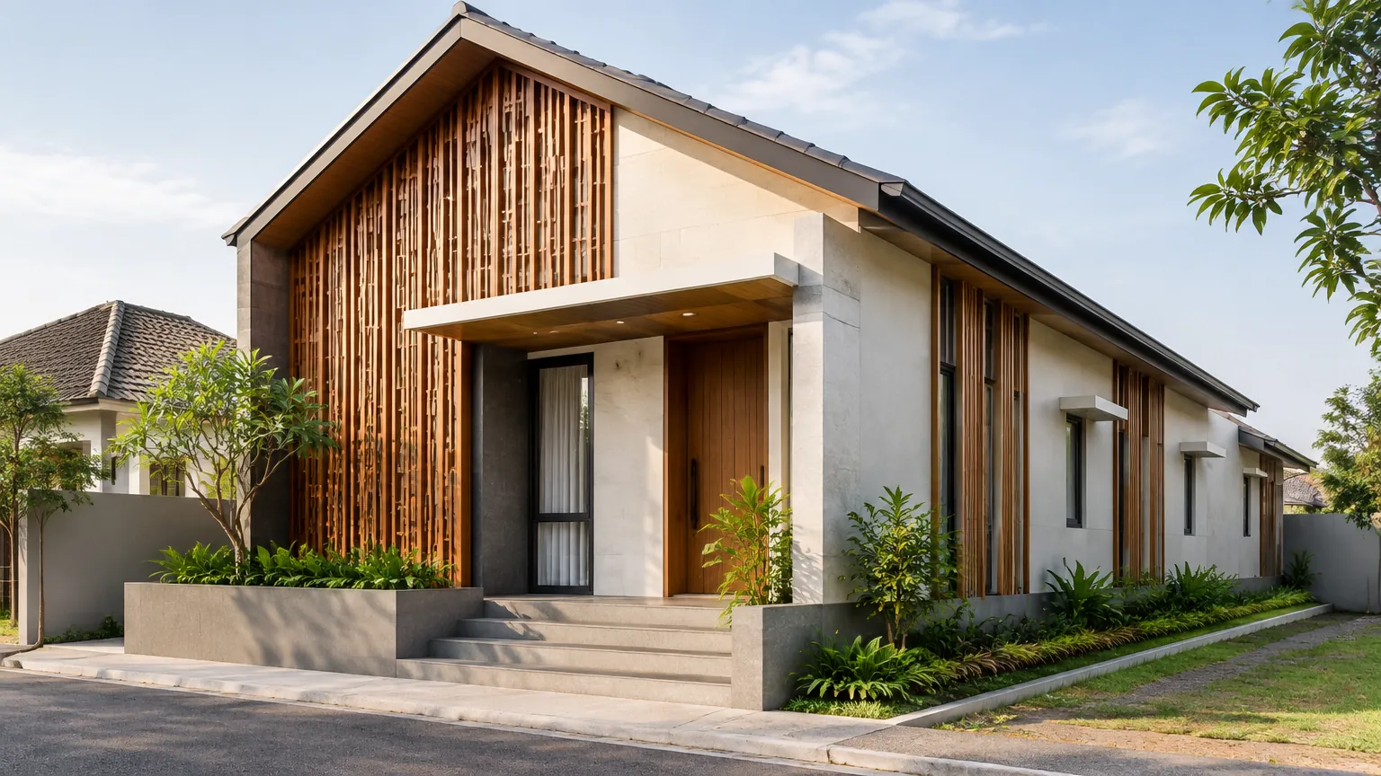 Rumah dengan ornamen kayu pada depan dan samping fasad