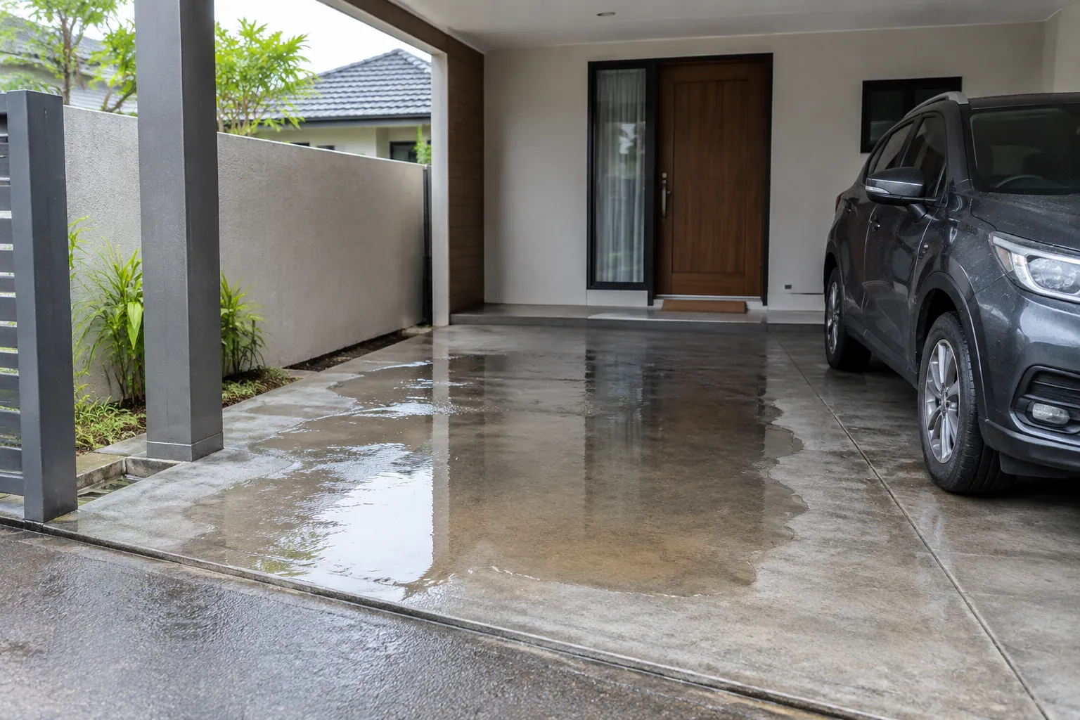 Air menggenang pada lantai carport setelah hujan