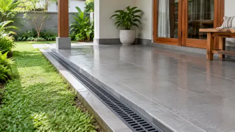 Saluran drainase memanjang di tepi teras ubin