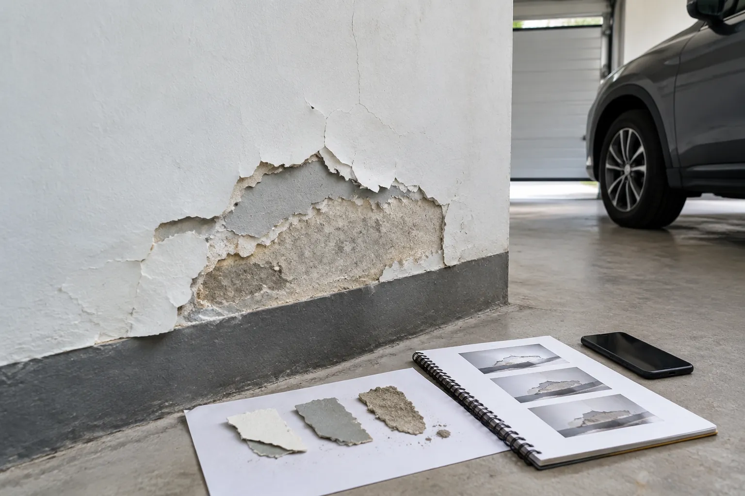 Detail plester dan cat terkelupas di kaki dinding garasi