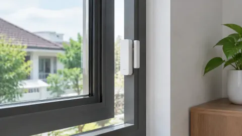 Sensor kecil terpasang pada tepi jendela terbuka