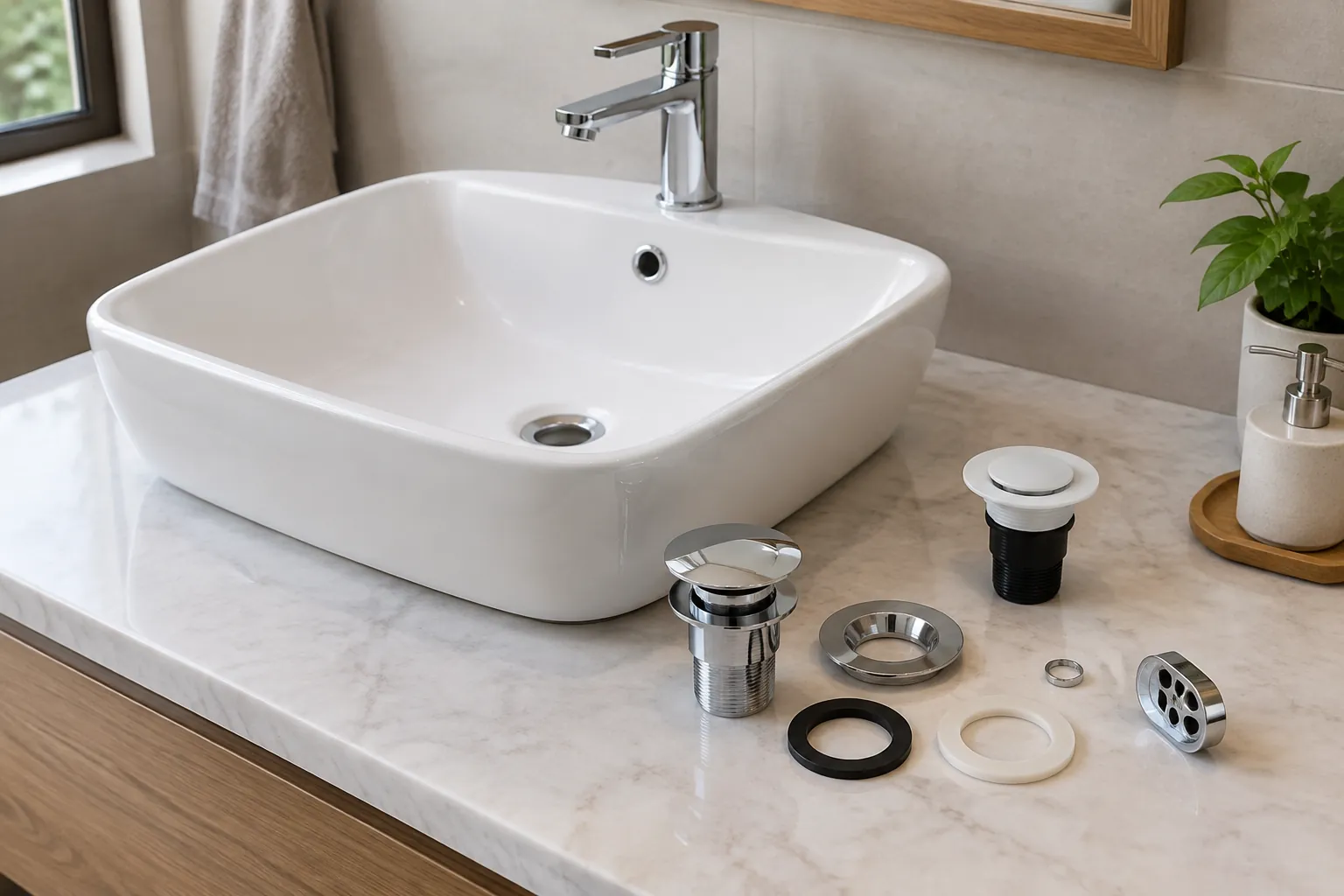 Basin dan komponen drain wastafel disiapkan sebelum pemasangan