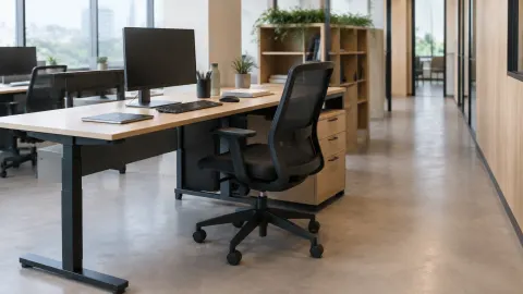Meja kerja kantor dengan jalur sirkulasi di sampingnya