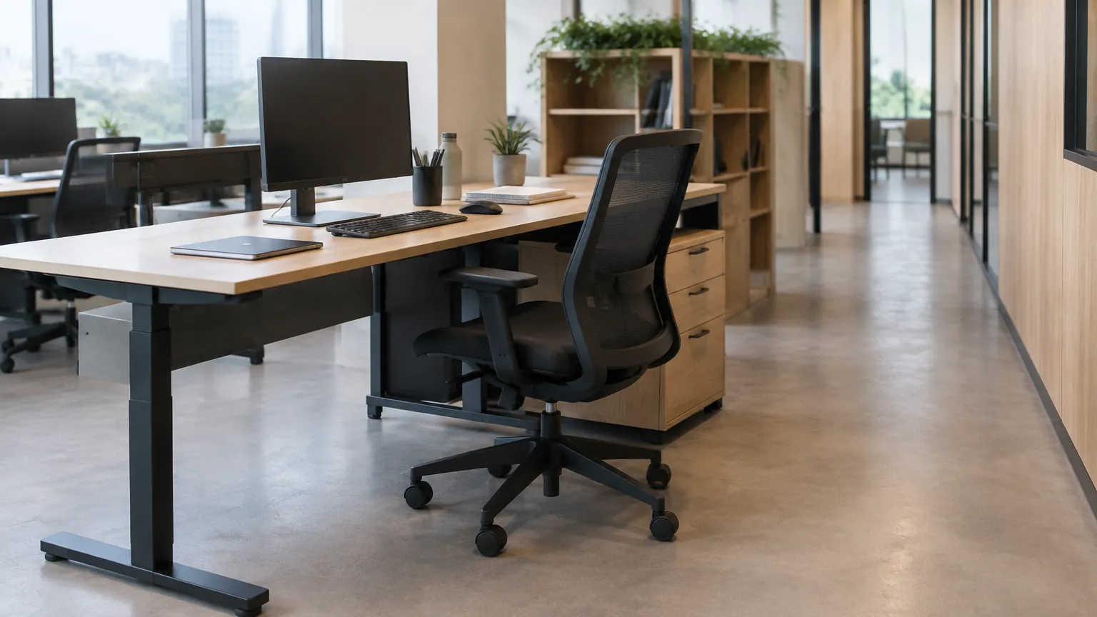 Meja kerja kantor dengan jalur sirkulasi di sampingnya