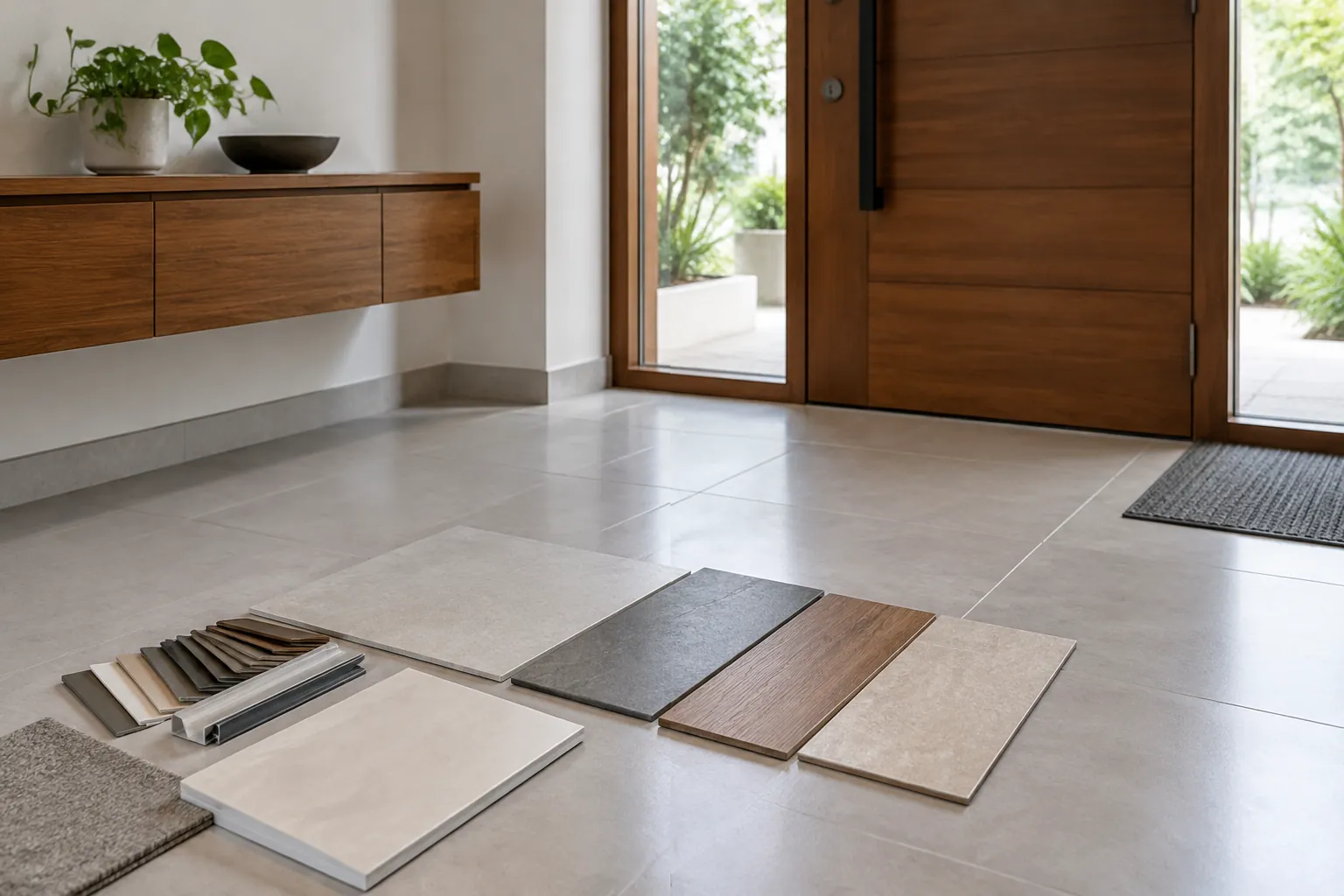 Beberapa sampel material lantai di foyer