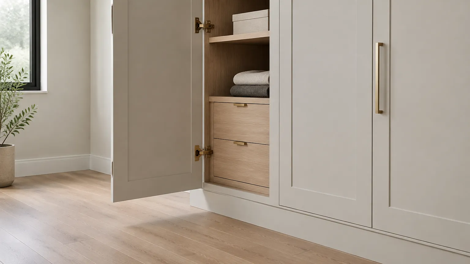 Laci dan pintu kabinet interior dengan gagang sederhana