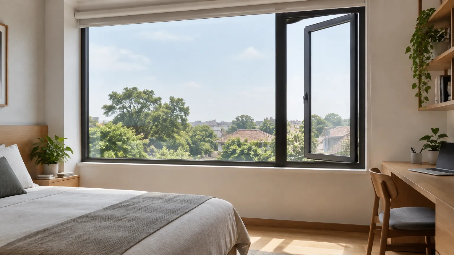 Kamar tidur dengan jendela lebar menghadap pepohonan