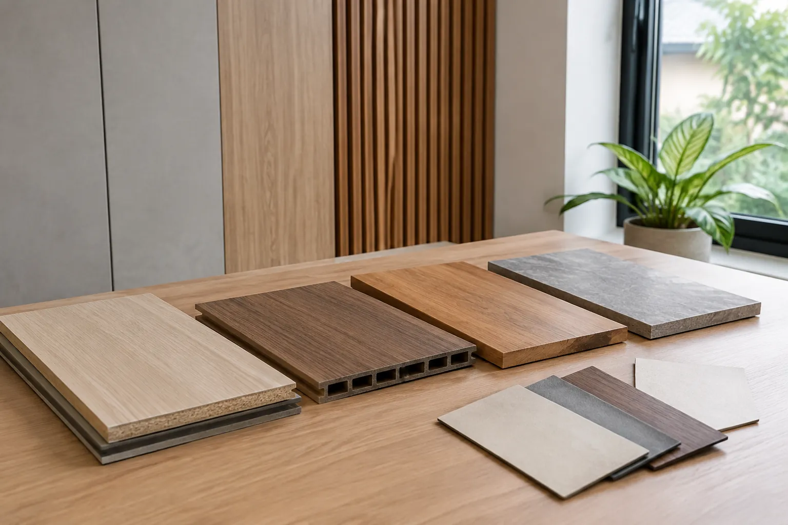 Sampel panel kayu dan bahan lain di atas meja