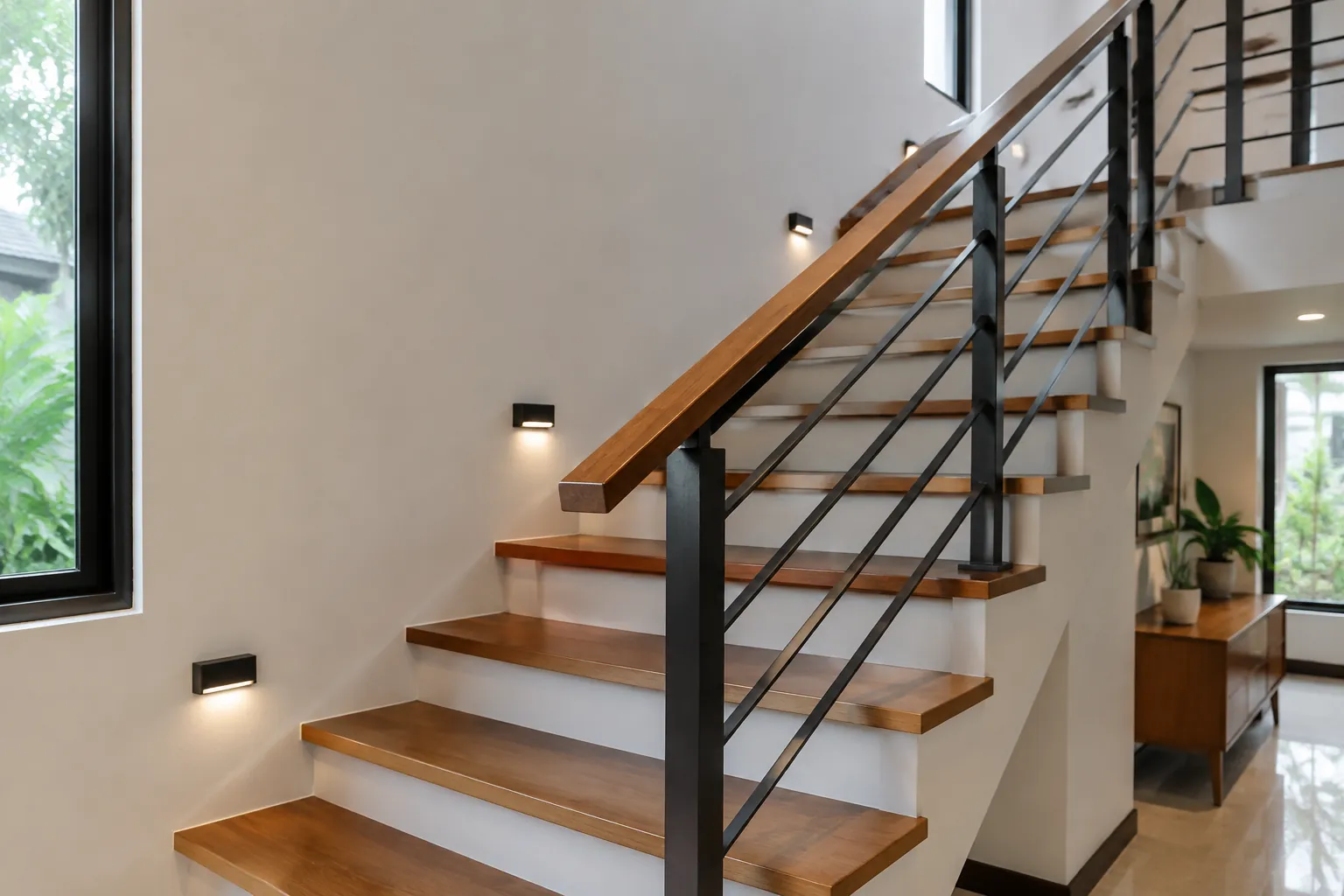Tangga dengan pagar logam, pegangan kayu, dan lampu dinding