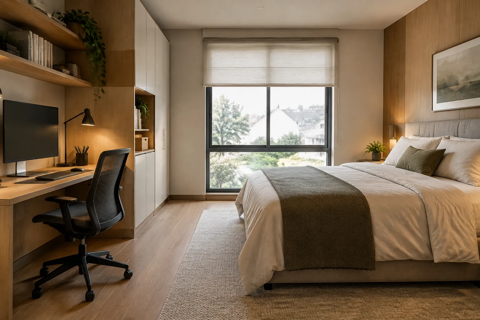 Kamar tidur dengan tempat tidur dan meja kerja di dinding berbeda