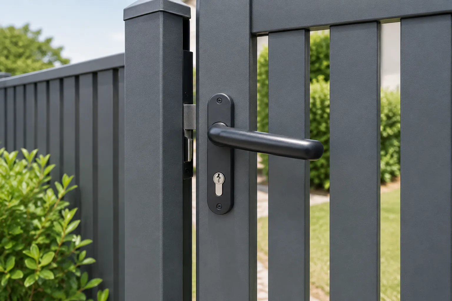 Detail handle dan kunci pada gerbang pagar logam
