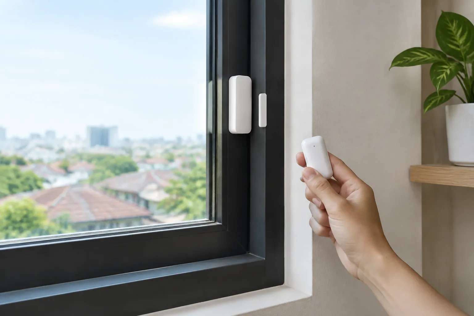 Sensor pada bingkai jendela dan perangkat di tangan.