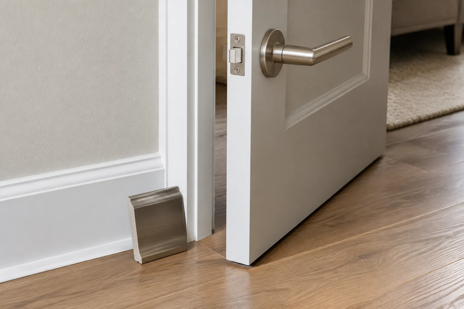 Pintu putih dengan sampel pelat trim di bawahnya