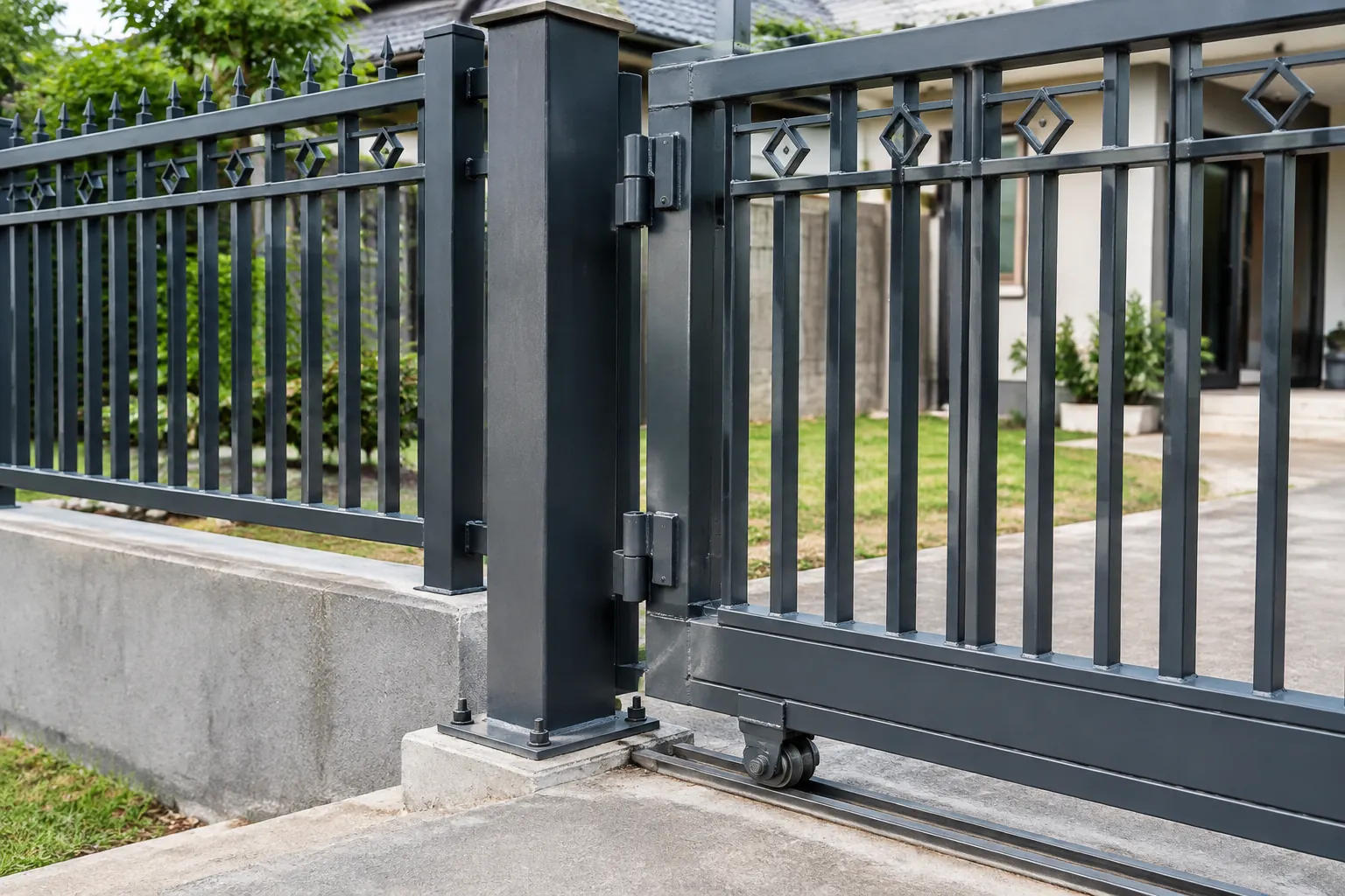 Detail gerbang logam hitam pada pagar rumah