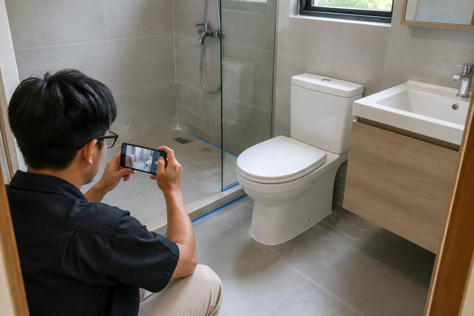 Memotret kamar mandi kering.