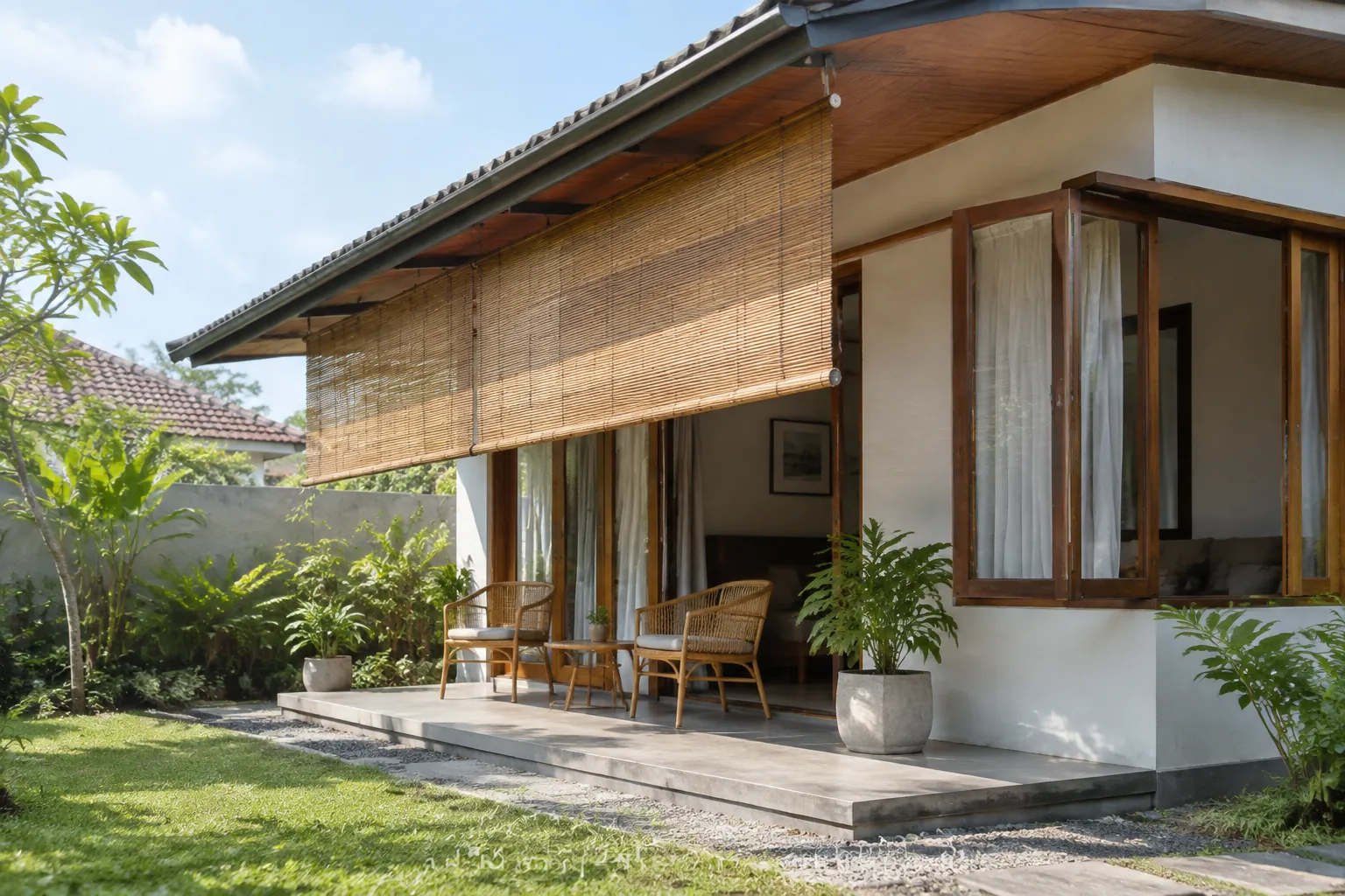 Tirai bambu menaungi teras rumah tropis