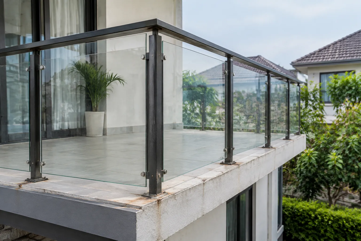 Tepi pelat balkon tampak retak di bawah pagar kaca