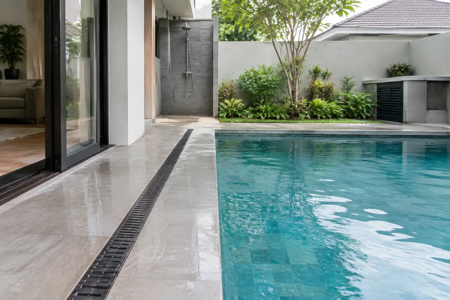 Saluran linear memisahkan deck kolam dari teras rumah