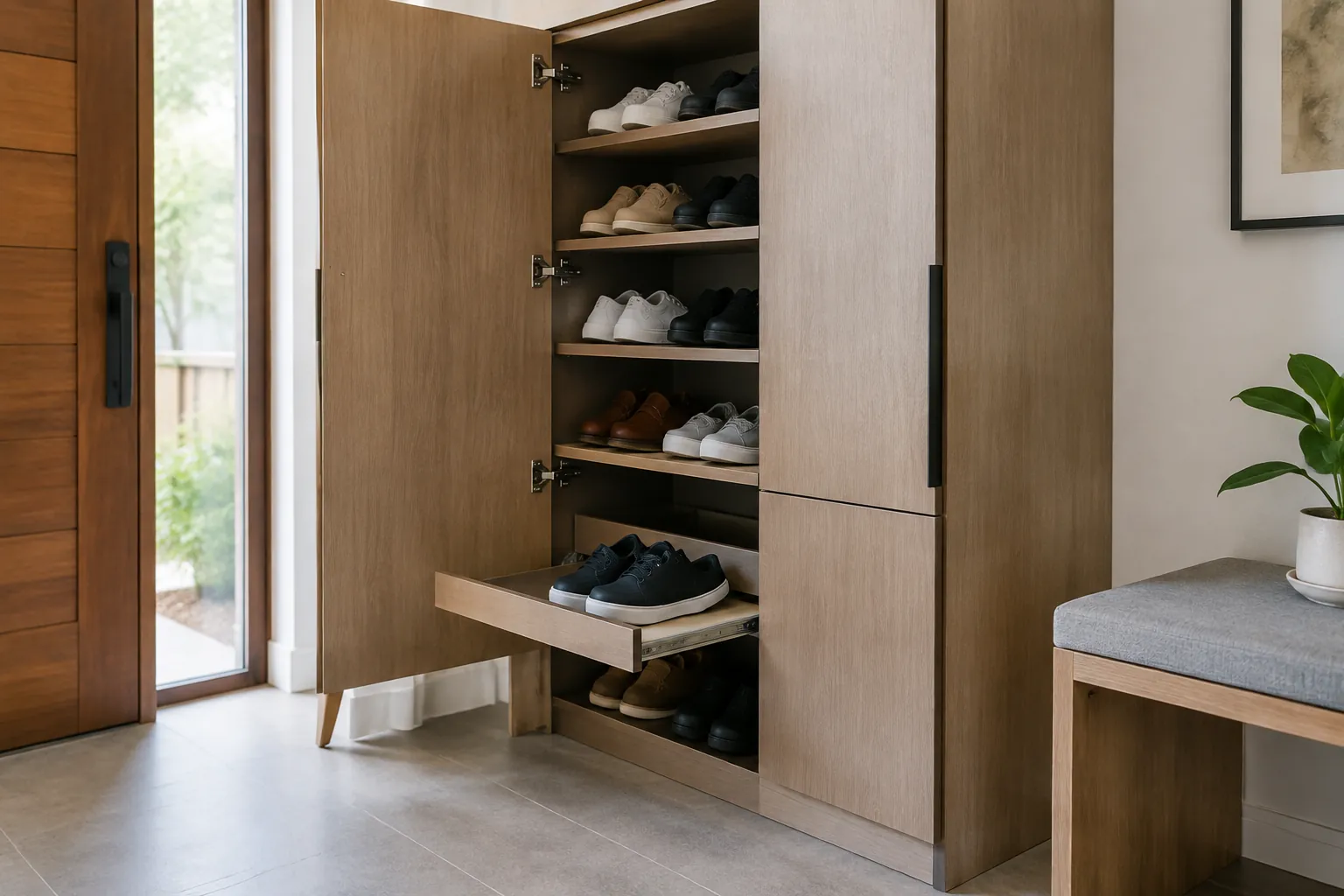 Lemari sepatu dengan rak tarik terbuka di dekat pintu