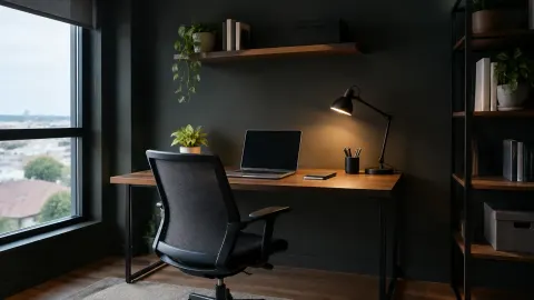 Ruang kerja dengan dinding gelap, meja kayu, dan lampu meja
