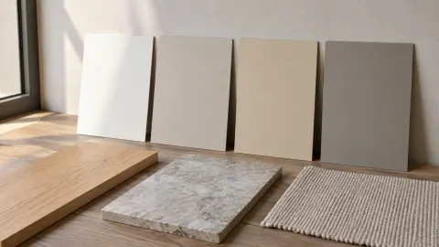 Sampel warna netral dan material lantai di dekat jendela