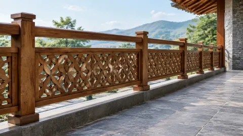Railing kayu berukir pada tepi teras