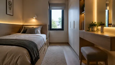 Kamar tidur kecil dengan lampu dekat ranjang dan meja