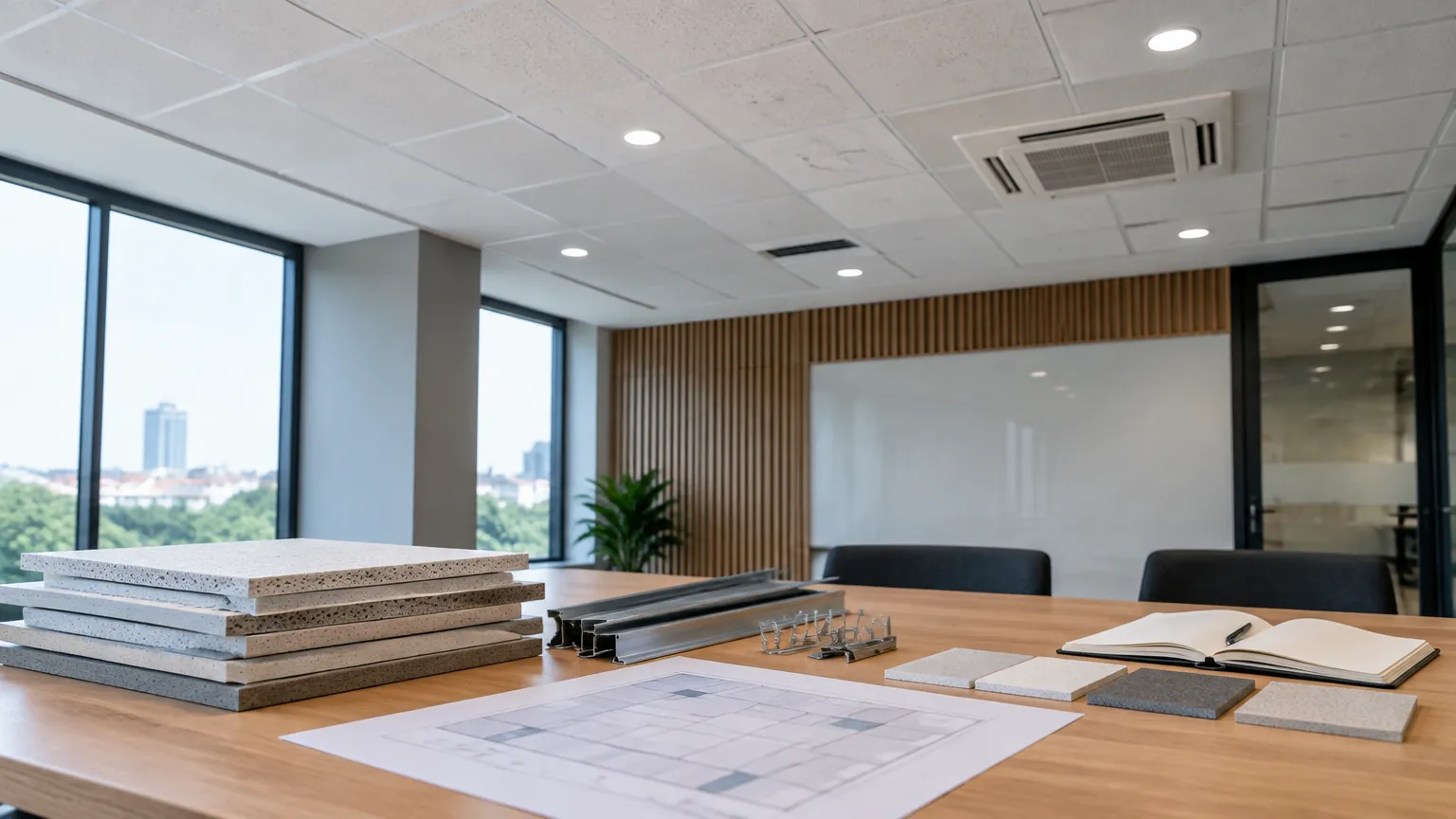 Ruang kerja dengan panel plafon dan contoh bahan di atas meja