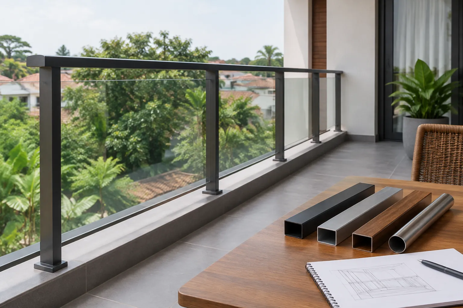 Sampel profil logam di depan pagar balkon kaca