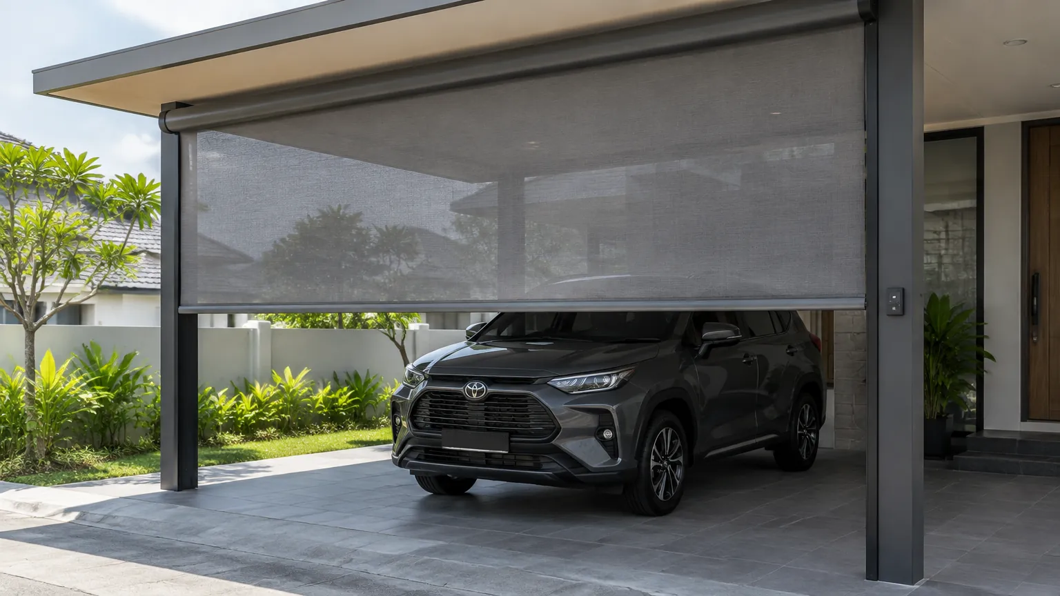 Tirai luar menutup bagian depan carport dengan kendaraan